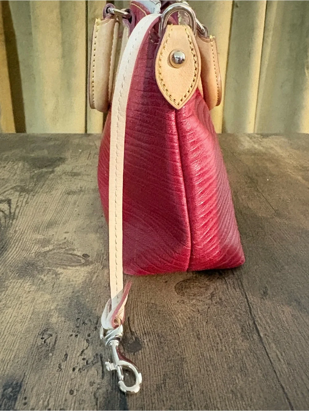 Rare Dooney & Bourke Red Leather Wave Pattern Satchel with Tan Trim